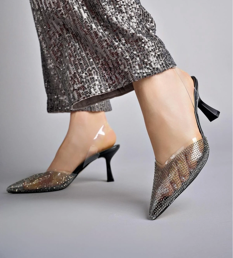 JULİET Garantili Kadın Sivri Burun Parlak Taşlı Arkası Açık Şeffaf Bantlı Topuklu Ayakkabı