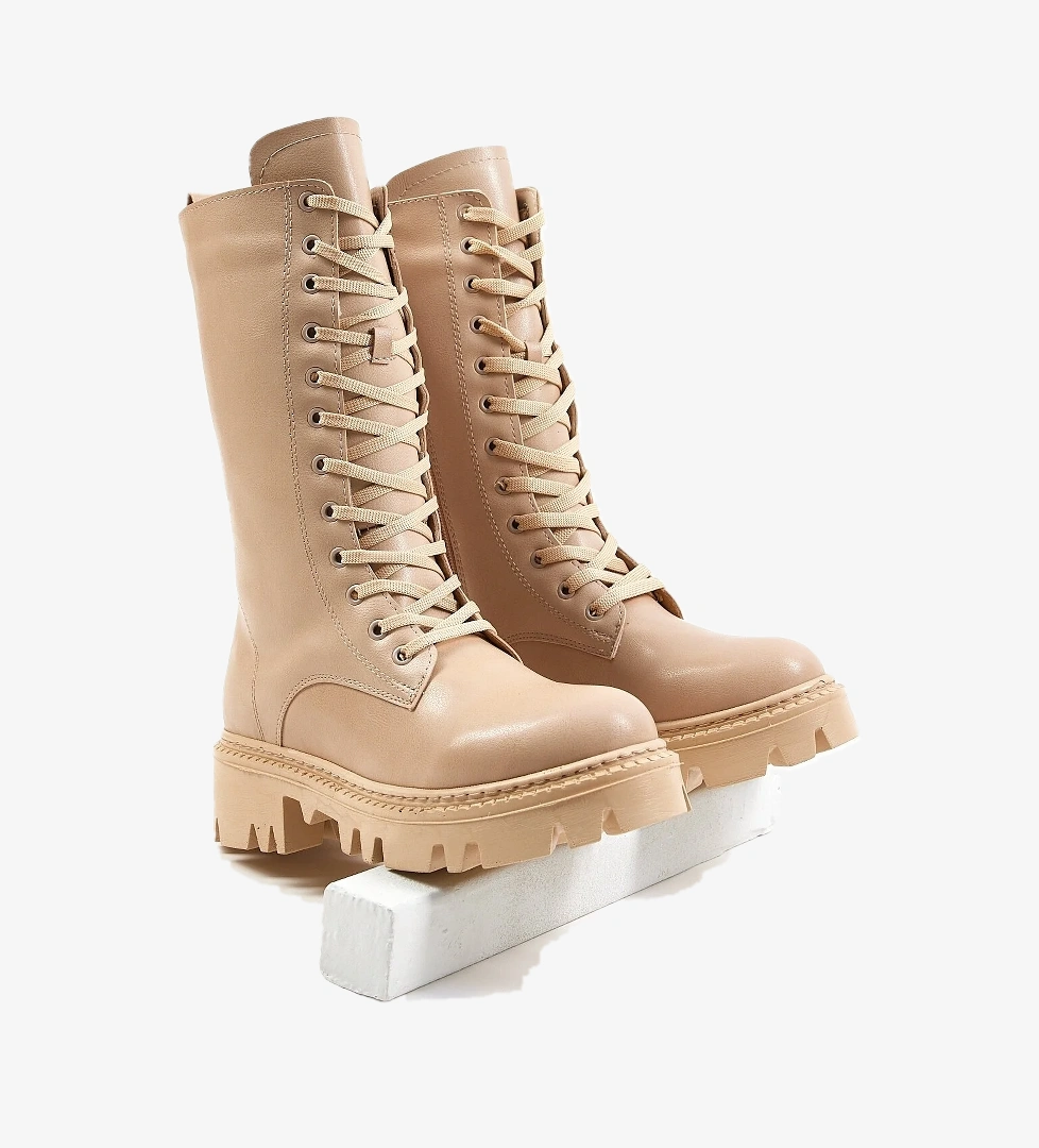 Kadın Nude Cilt Rahat Kalıp Bağcıklı ve Fermuarlı Uzun Bot