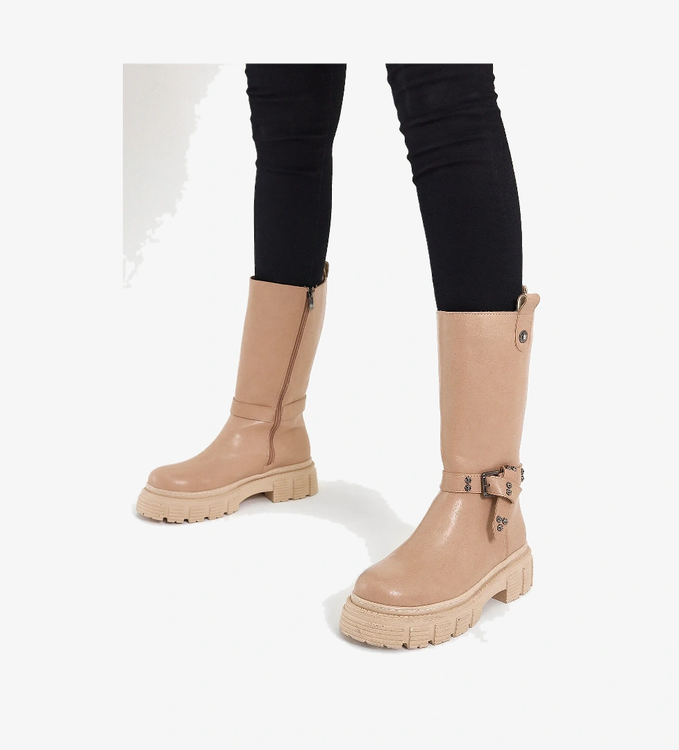 Kadın Nude Cilt Rahat Kalıp Yüksek Taban Tokalı Fermuarlı Çizme