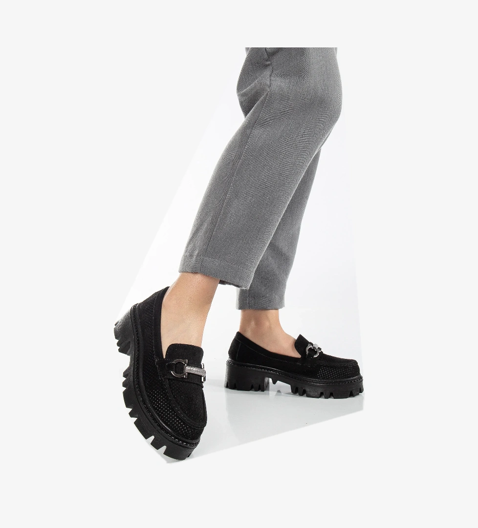 Kadın Siyah Süet Rahat Kalıp Yüksek Poli Taban Önü Tokalı Loafer