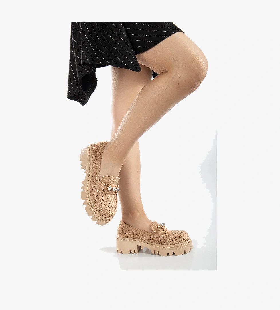 Kadın Nude Süet Rahat Kalıp Yüksek Poli Taban Önü Tokalı Loafer