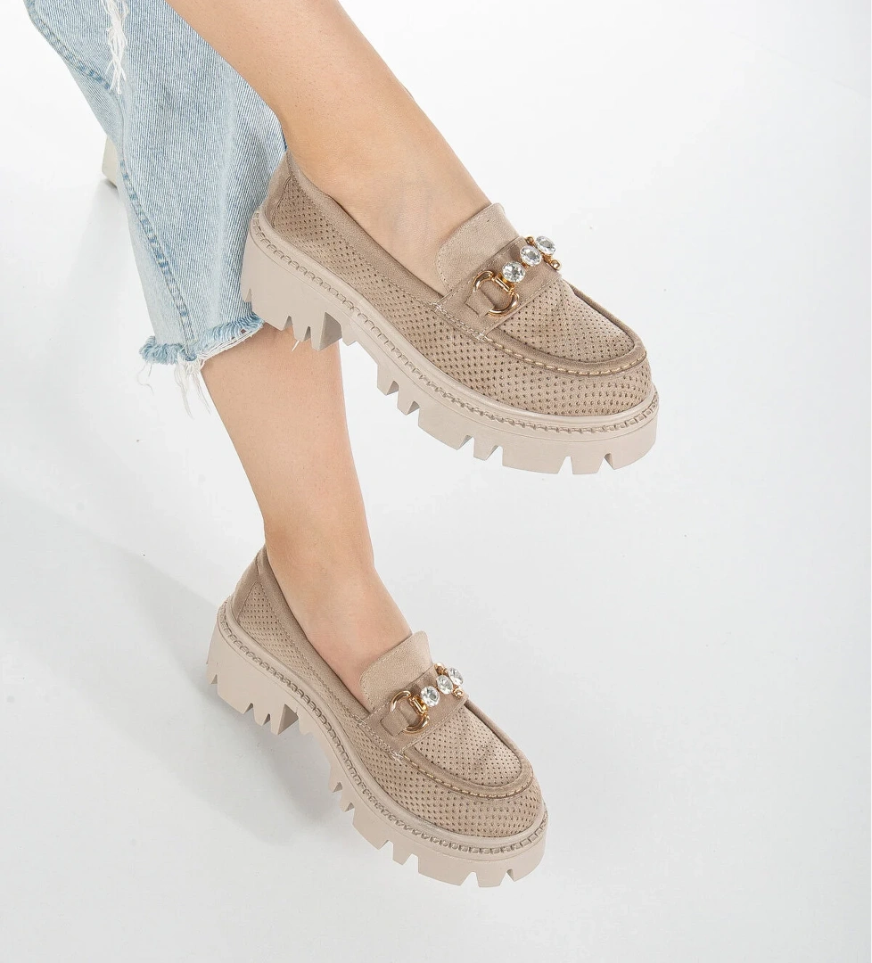 Kadın Ten Süet Rahat Kalıp Yüksek Poli Taban Önü Tokalı Loafer