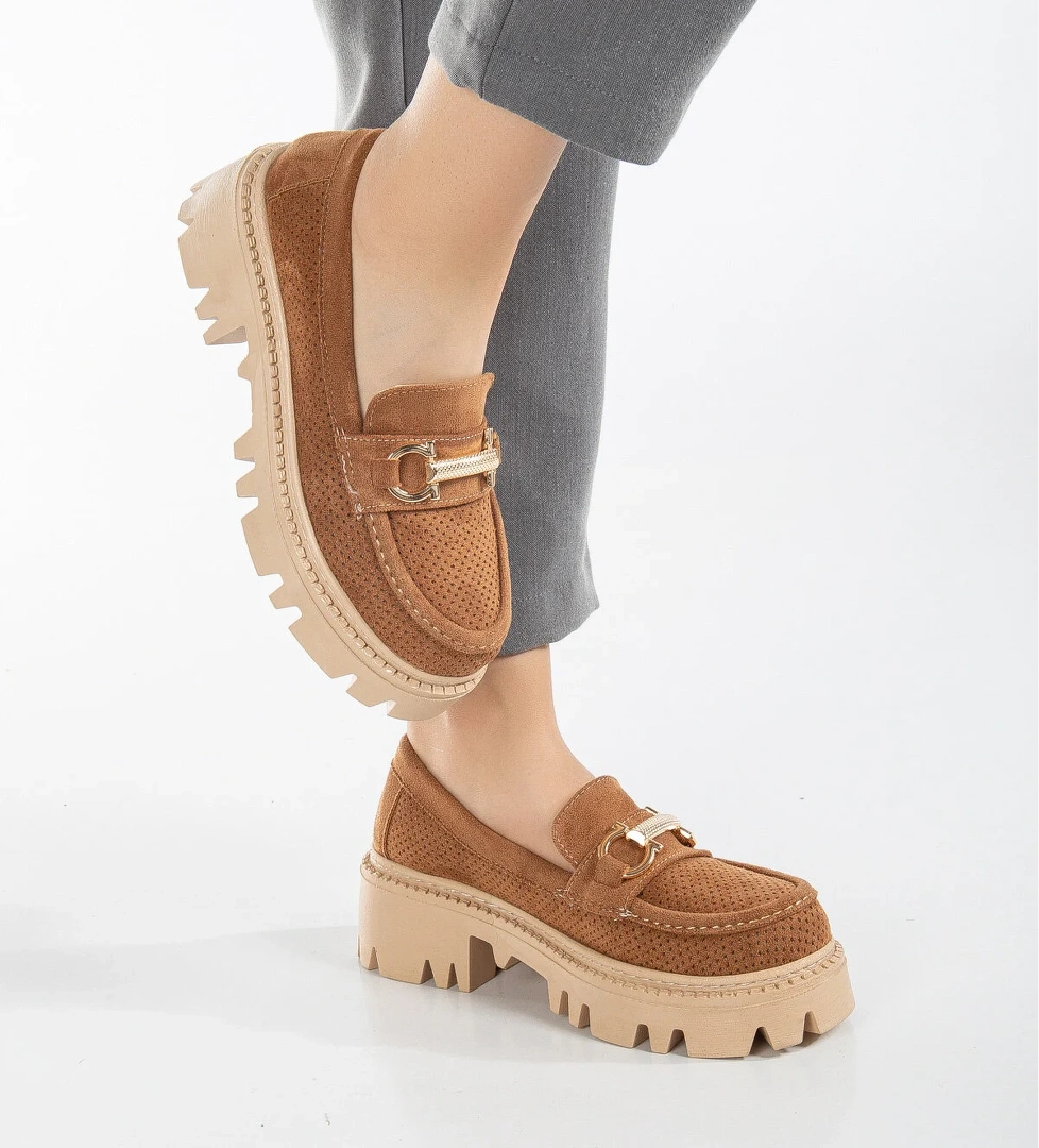 Kadın Taba Süet Rahat Kalıp Yüksek Poli Taban Önü Tokalı Loafer - Görsel 1