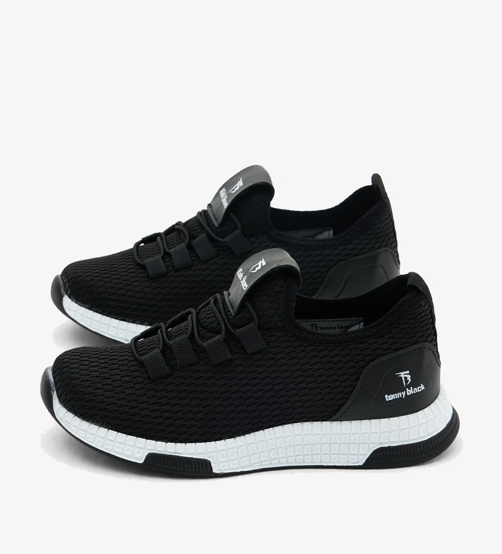 Çocuk Unisex Siyah Beyaz Rahat Kalıp Lastik Bağcıklı Spor Ayakkabı - Görsel 1