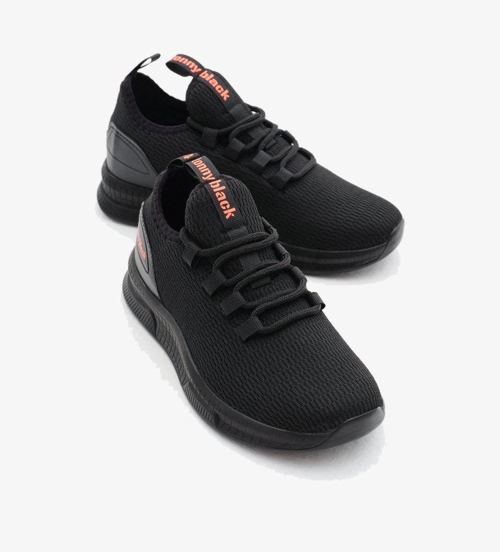 Unisex Siyah Nefes Alabilen Kumaş Poli Taban Bağcıklı Spor Ayakkabı