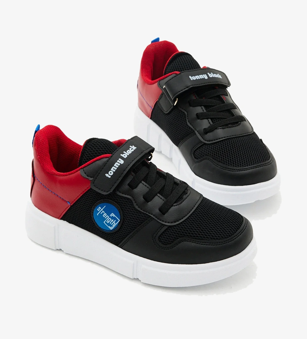 Çocuk Unisex Siyah Kırmızı Rahat Kalıp Cırtlı Ayakkabı