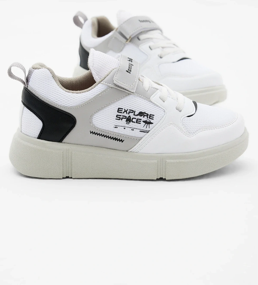 Çocuk Unisex Beyaz Siyah Rahat Kalıp Cırtlı Ayakkabı