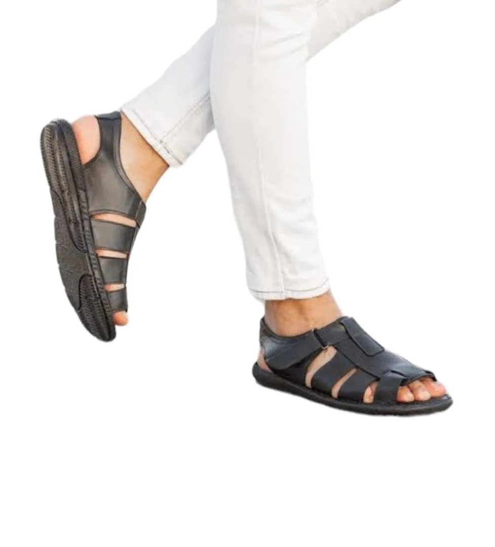 Erkek Hakiki Deri Cırtlı Sandalet SİYAH