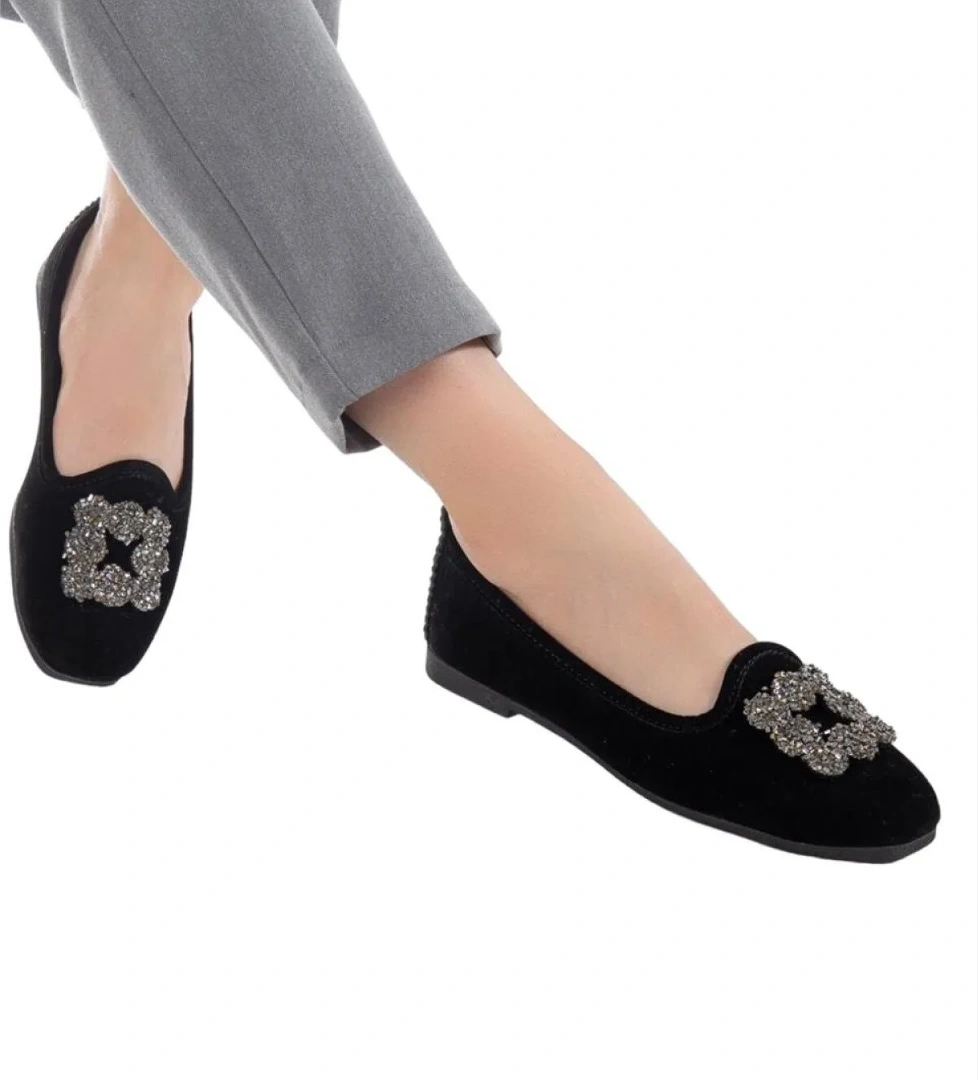 Kadın Taşlı Tokalı Süet Babet SİYAH - FÜME