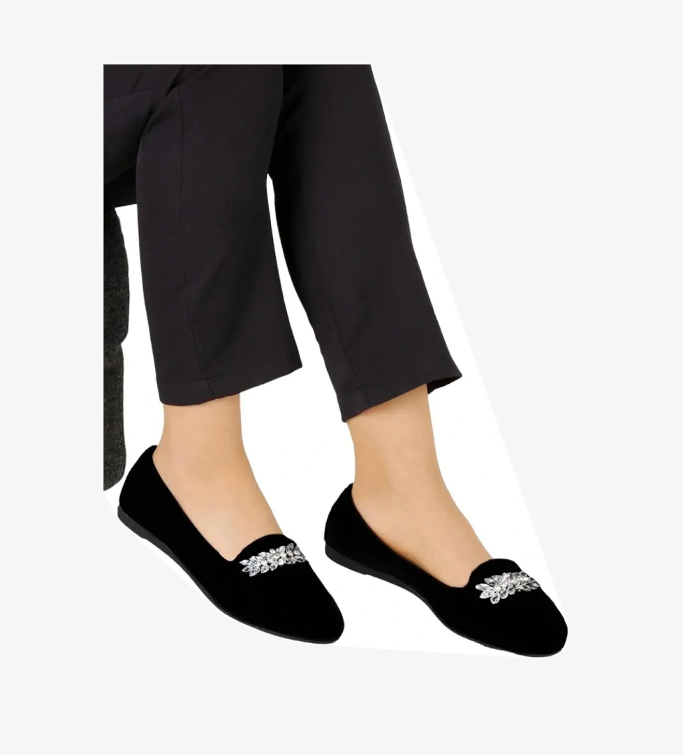 Kadın Taşlı Tokalı Süet Babet SİYAH - GÜMÜŞ - Görsel 1