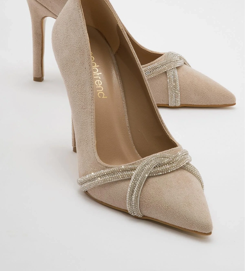 Ccway Kadın Çapraz Taşlı Topuklu Ayakkabı TEN SÜET model görseli