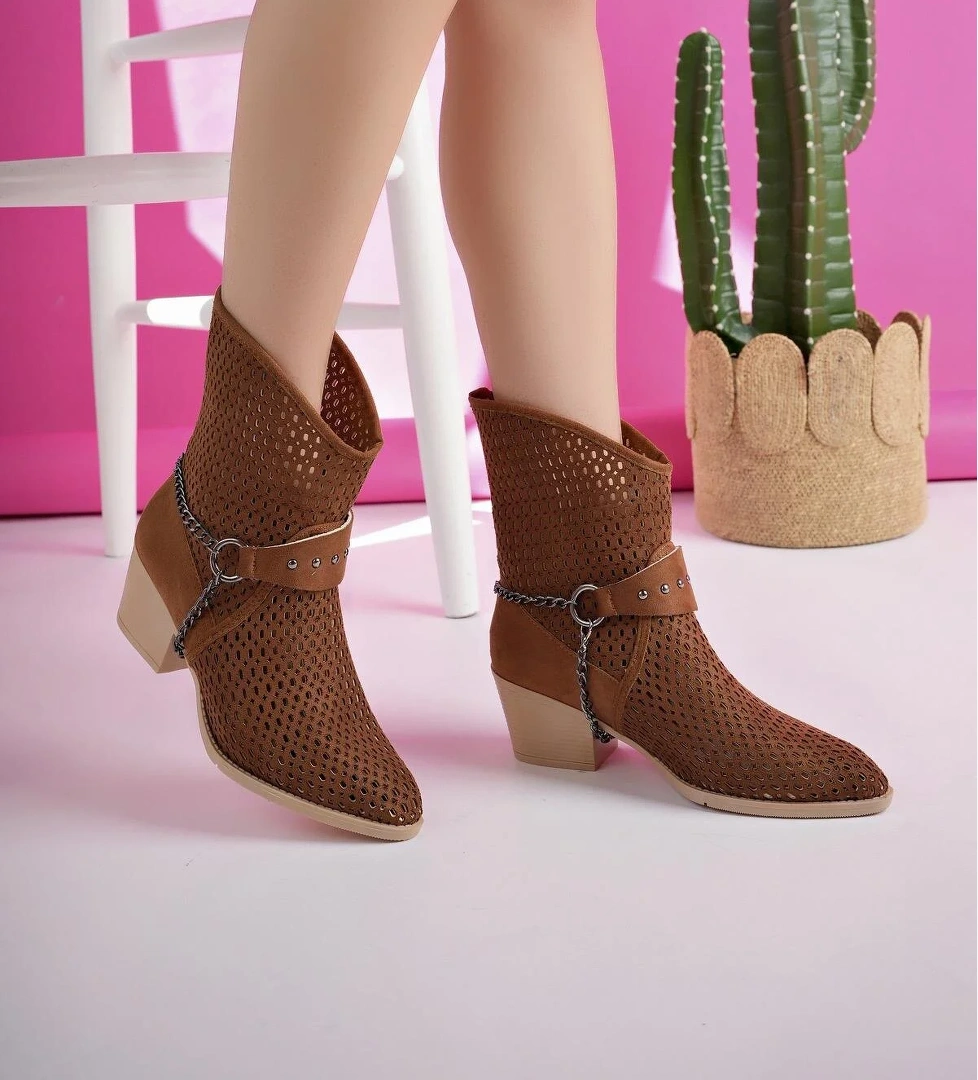 BURNİNG Garantili Kadın Lazer Kesim Zincir Detaylı Delikli Kovboy Yazlık Topuklu Festival Bot