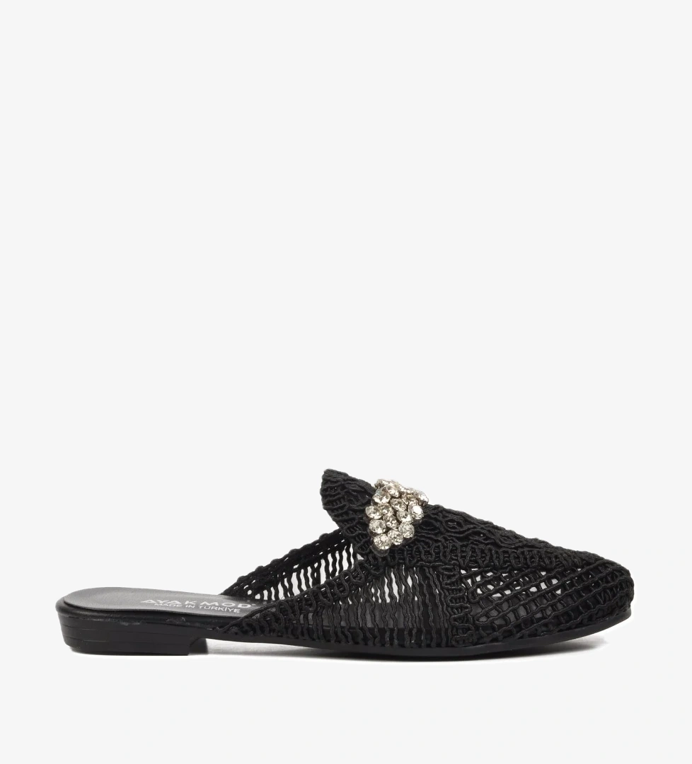 335165 Siyah Örgülü Taşlı Kadın Sabo Terlik - Görsel 1
