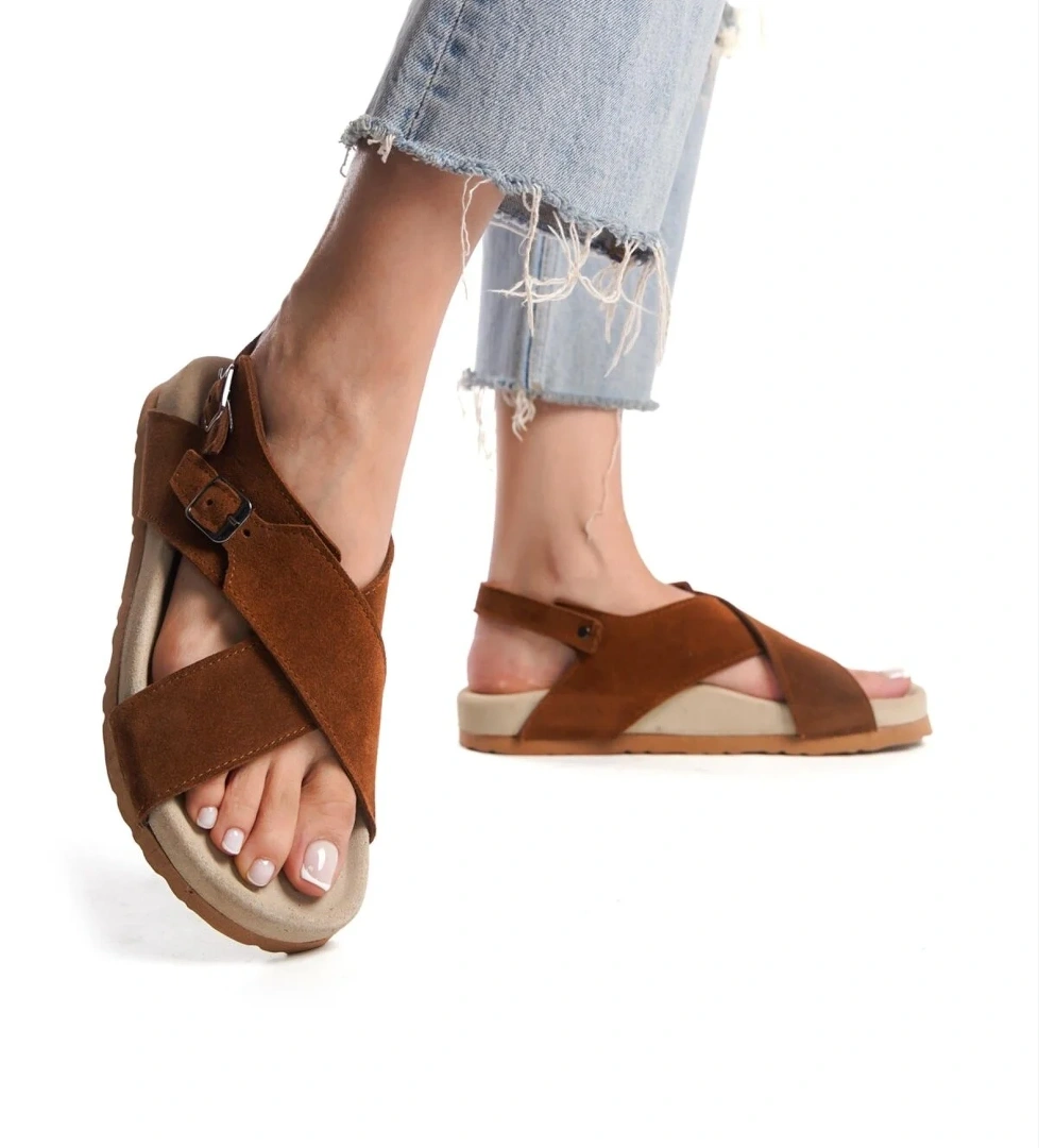 Zeyn 7541C Kadın Hakiki Deri Düz Sandalet Taba