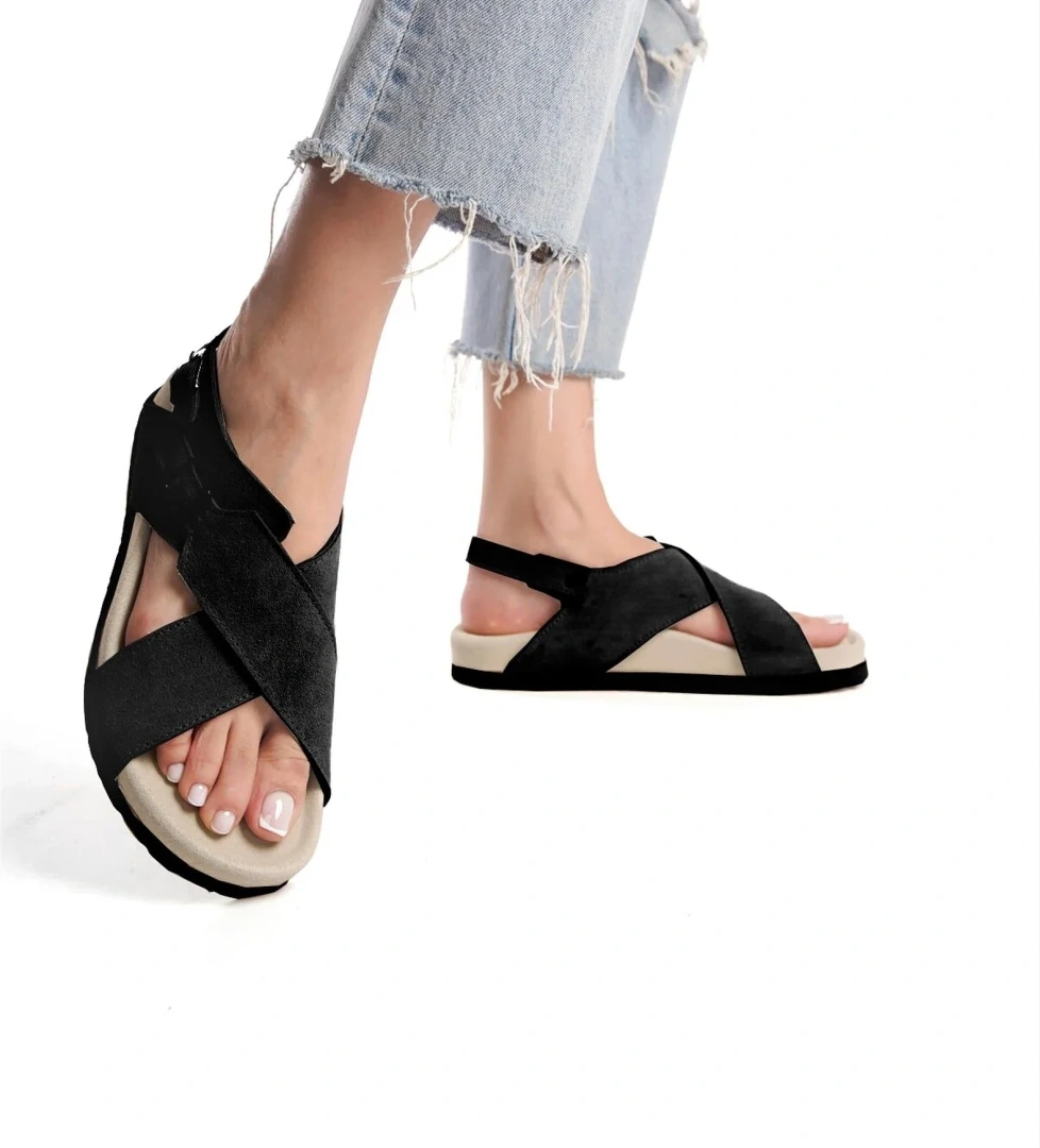 Ayakkabı Fuarı Zeyn 7541c Kadın Hakiki Deri Düz Sandalet Taba Siyah model görseli