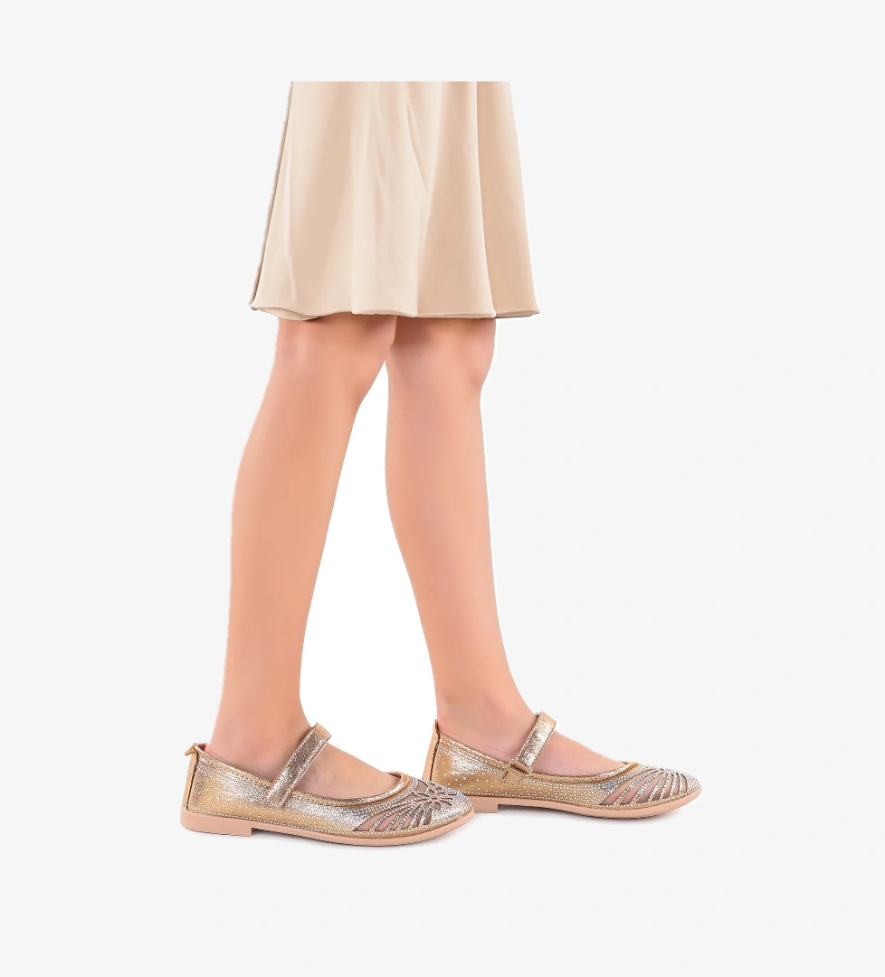 Grand Vakko Cırtlı Kız Çocuk Babet Ayakkabı Altın