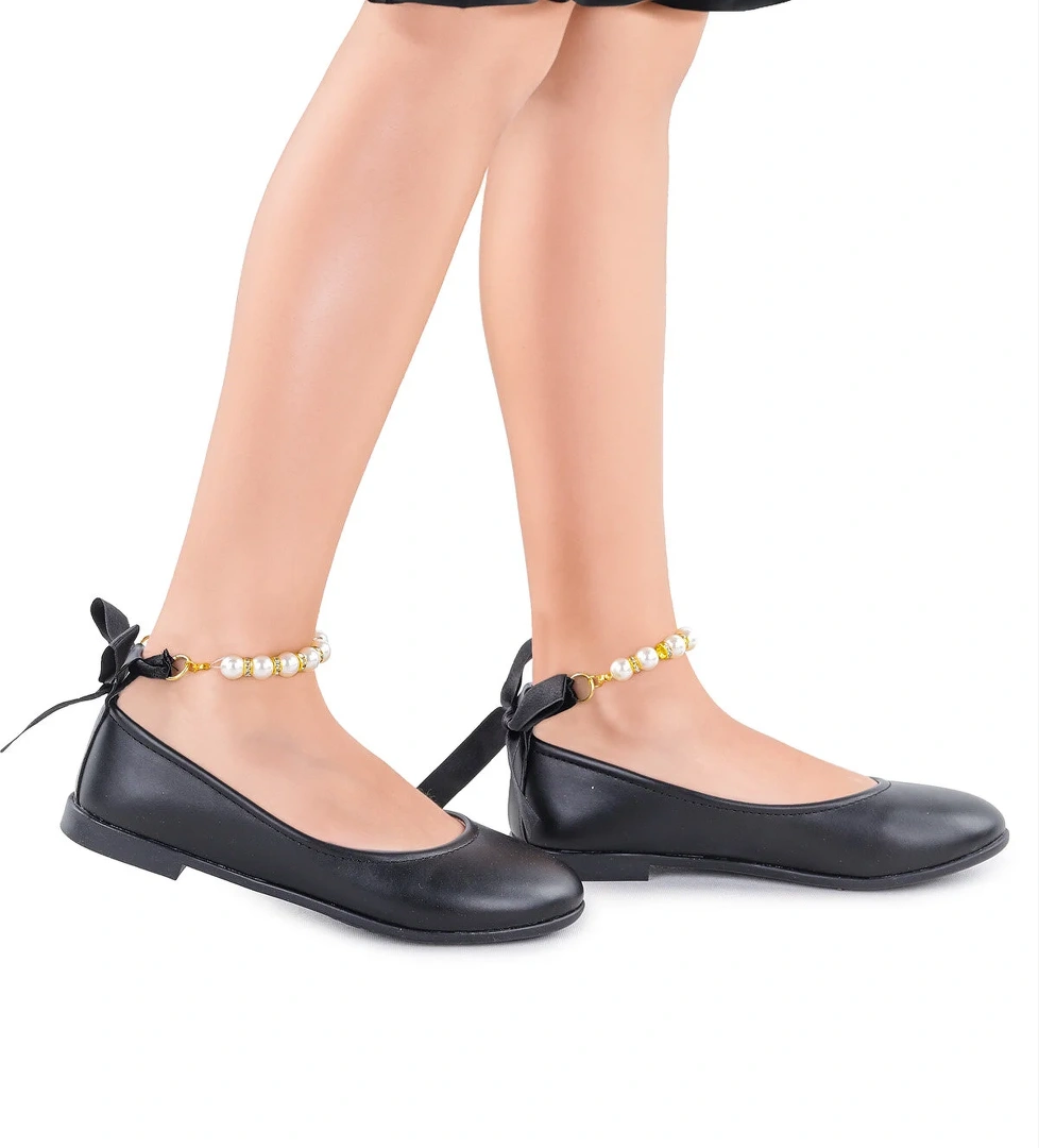 Cilt İncilli Lastikli Kız Çocuk Babet Ayakkabı Arç 01 Siyah