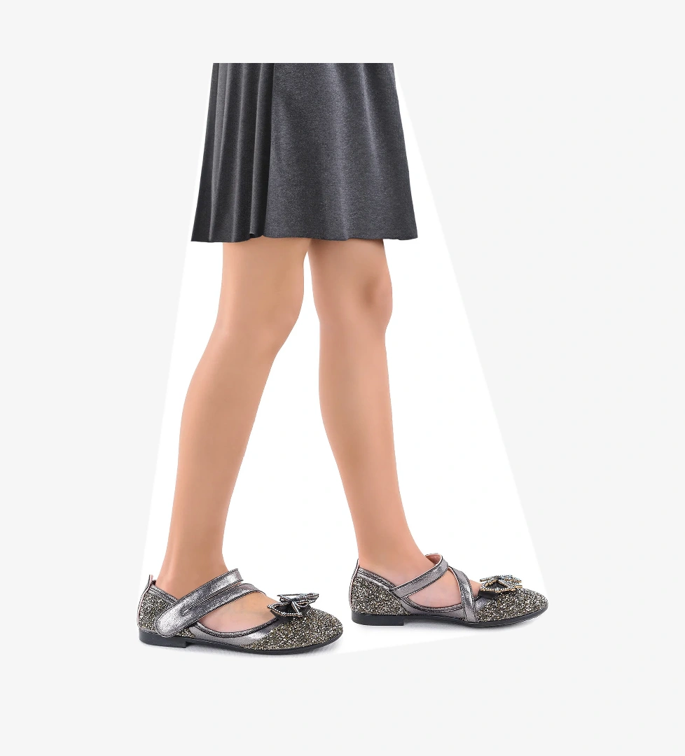 Maena Vakko Cırtlı Fiyonklu Kız Bebek Babet Ayakkabı Platin