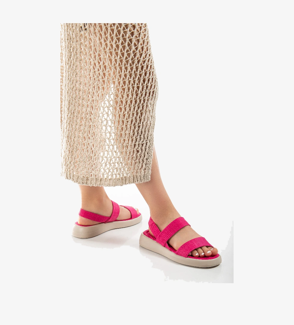 Kadın Fuşya Keten Rahat Kalıp Poli Taban Çift Bantlı Sandalet