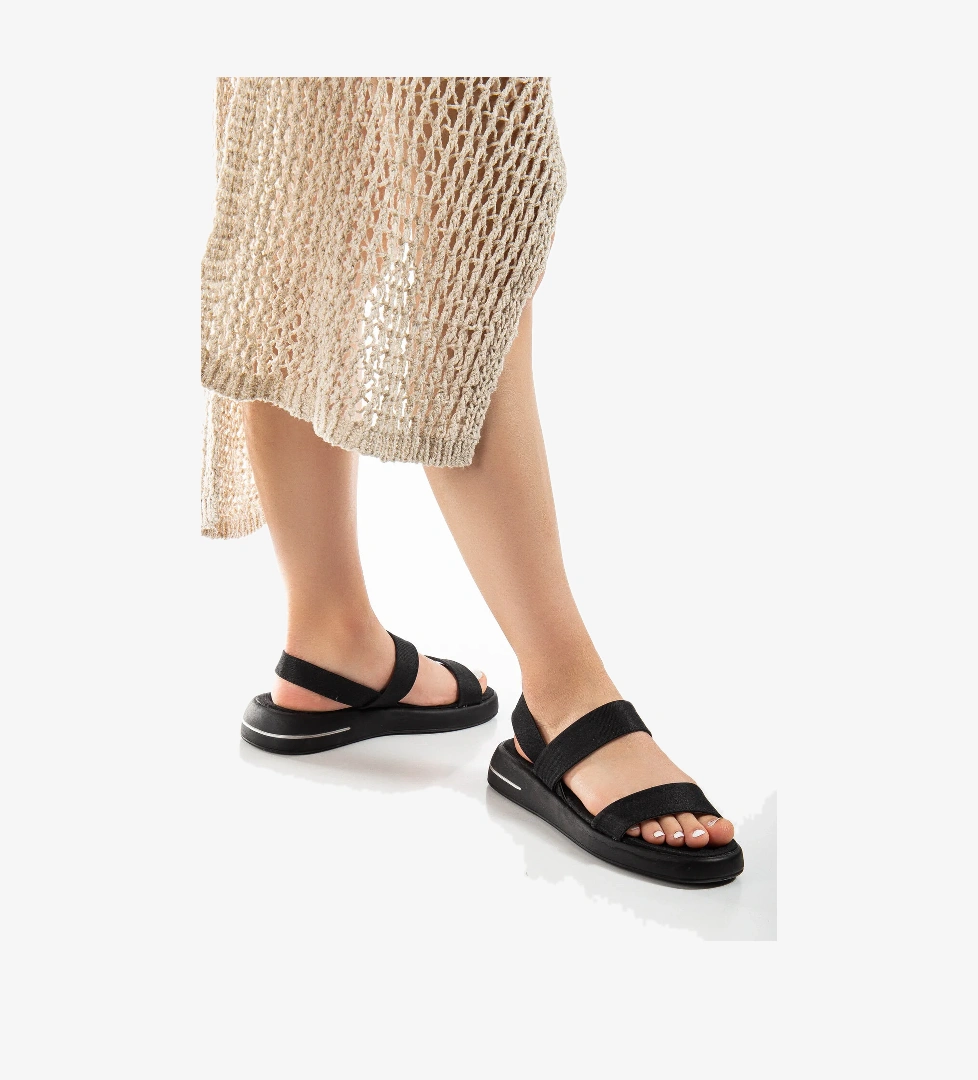 Kadın Siyah Keten Rahat Kalıp Poli Taban Çift Bantlı Sandalet