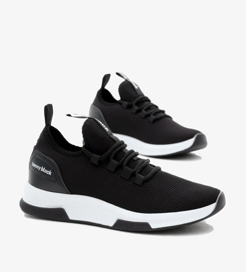 Unisex Siyah Beyaz Nefes Alabilen Kumaş Poli Taban Bağcıklı Spor Ayakkabı