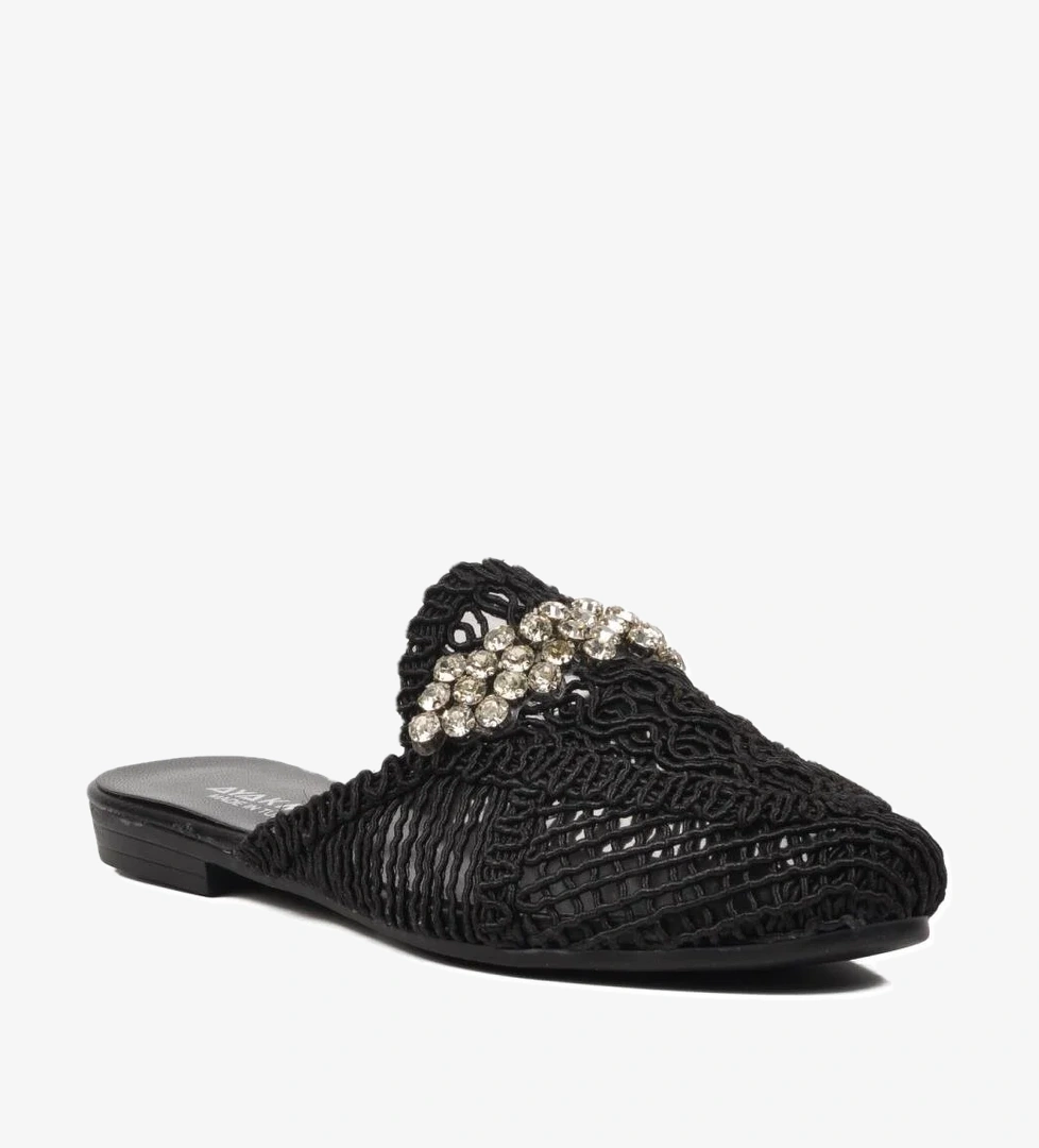 335165 Siyah Örgülü Taşlı Kadın Sabo Terlik - Görsel 1