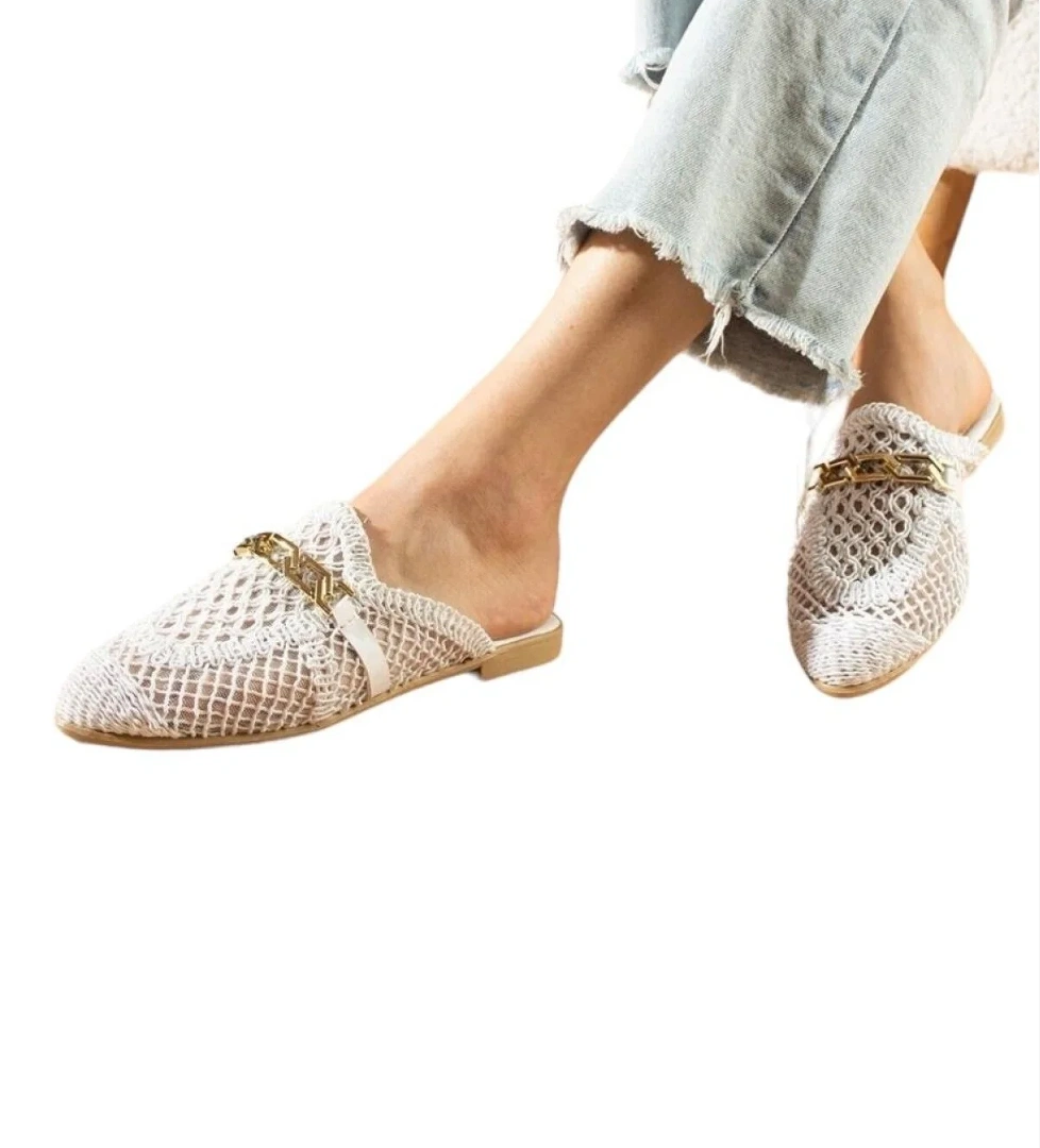 Kadın Zincir Detaylı Desenli Terlik BEYAZ - Görsel 1