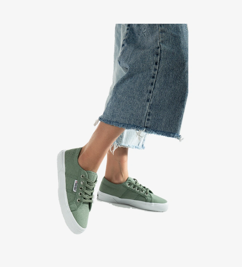 Kadın Yeşil Rahat Kalıp Krep Taban Bağcıklı Keten Günlük Ayakkabı