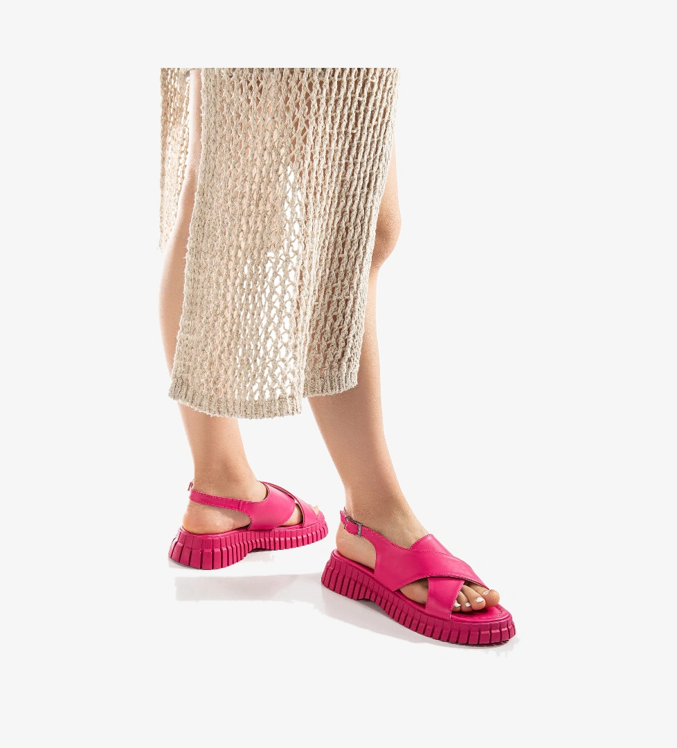 Kadın Fuşya Kalın Poli Taban Bilekten Bağlamalı Çapraz Bantlı Sandalet