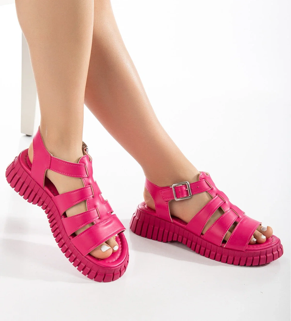 Kadın Fuşya Kalın Poli Taban Bilekten Bağlamalı Üç Bantlı Sandalet