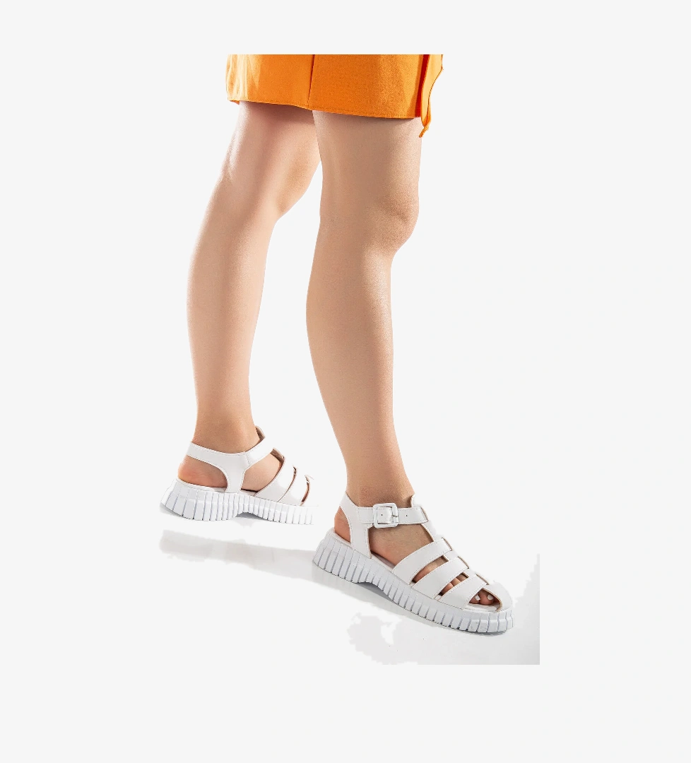 Kadın Beyaz Kalın Poli Taban Bilekten Bağlamalı Üç Bantlı Sandalet