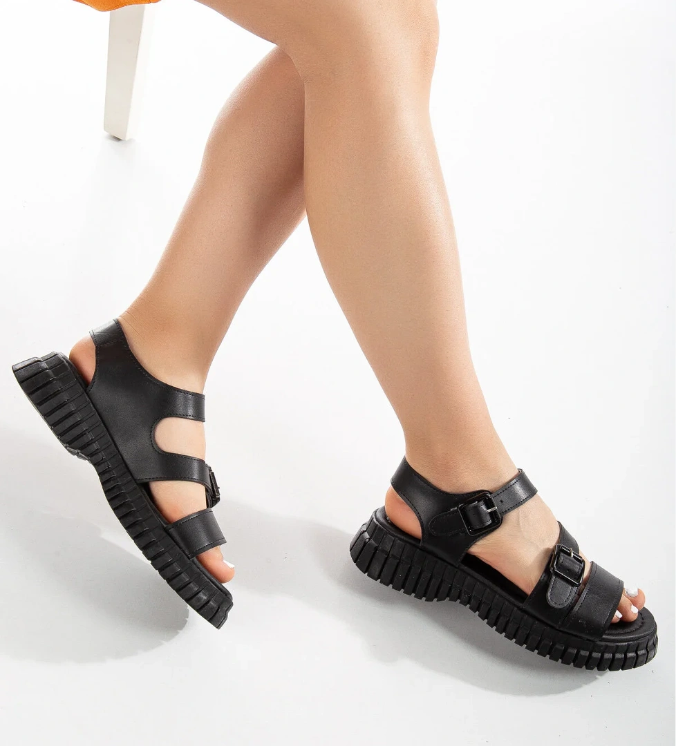 Kadın Siyah Kalın Poli Taban Çift Tokalı Tek Bantlı Sandalet - Görsel 1