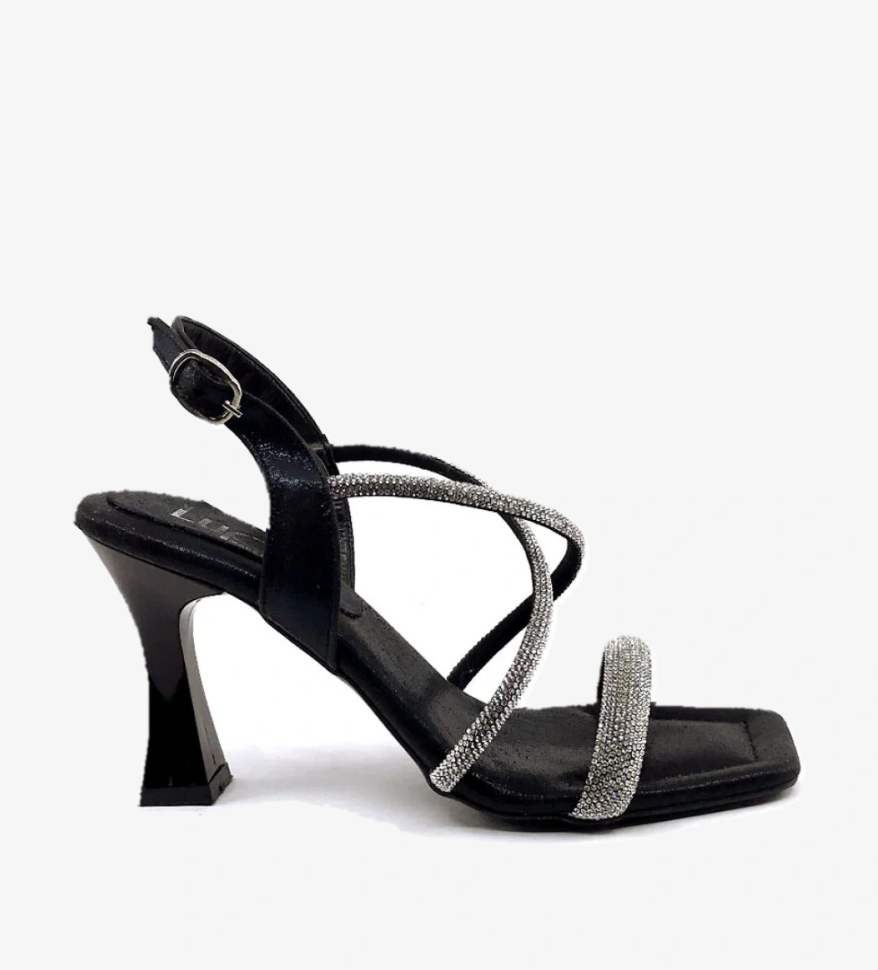 371 Lp 9 Cm Siyah Saten Taşlı Kadın Topuklu Ayakkabı - Görsel 1