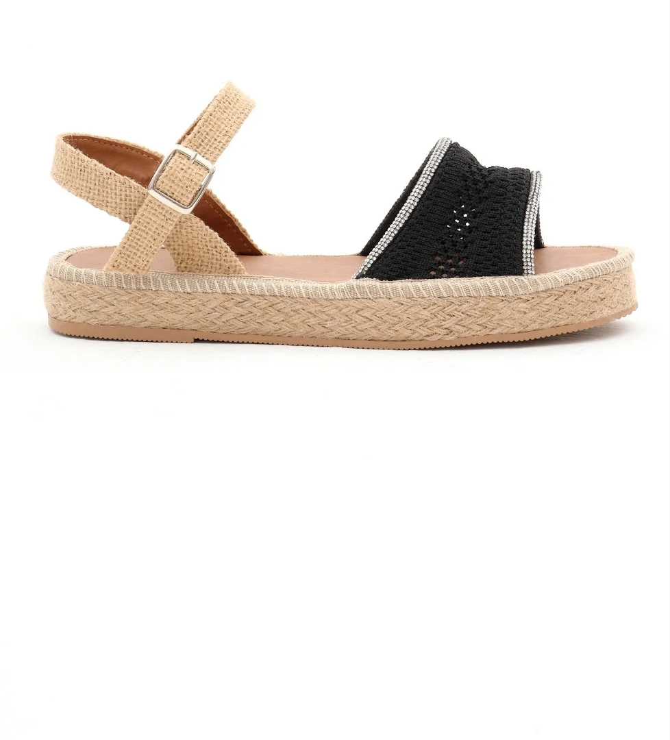 Tonny Black Kadın Siyah Tek Bantlı Bilekten Bağlamalı Hasır Triko Sandalet model görseli