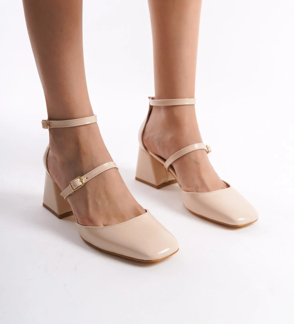 Sigva Mary Jane Yazlık Ten Rugan Kalın Topuklu Bantlı Ayakkabı