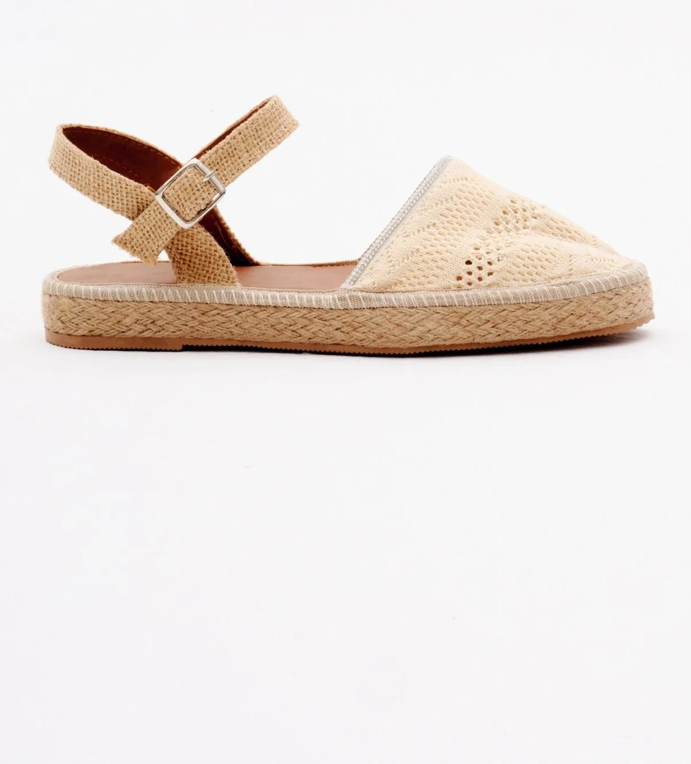 Kadın Bej Önü Kapalı Bilekten Bağlamaı Hasır Triko Sandalet