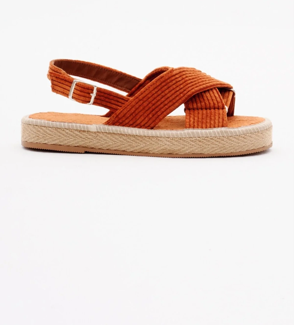 Kadın Turuncu Çapraz Bantlı Bilekten Bağlamalı Hasır Triko Sandalet