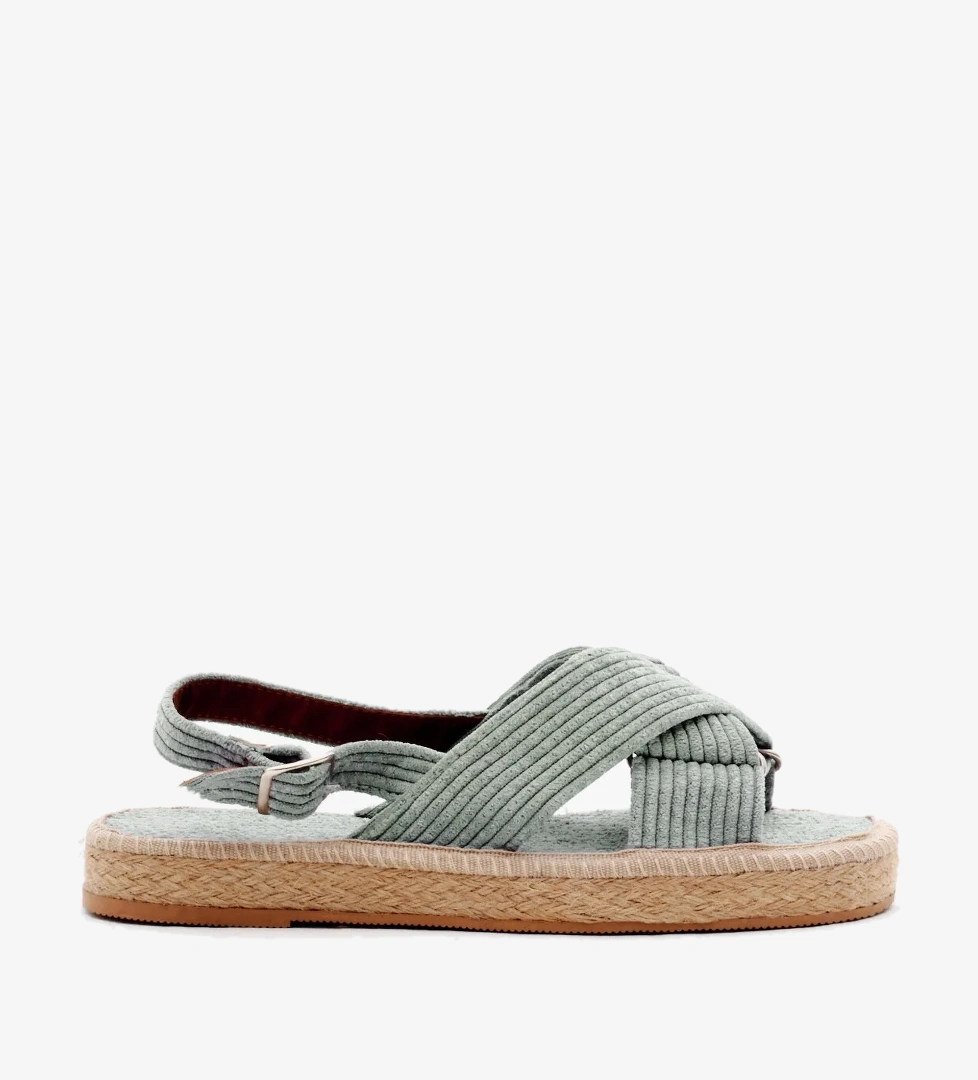 Kadın Su Yeşili Çapraz Bantlı Bilekten Bağlamalı Hasır Triko Sandalet