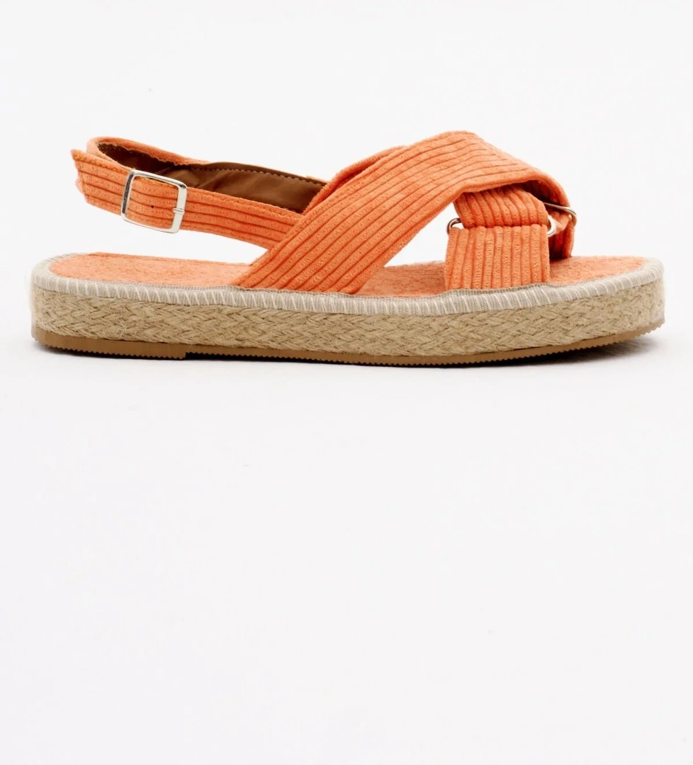 Kadın Oranj Çapraz Bantlı Bilekten Bağlamalı Hasır Triko Sandalet
