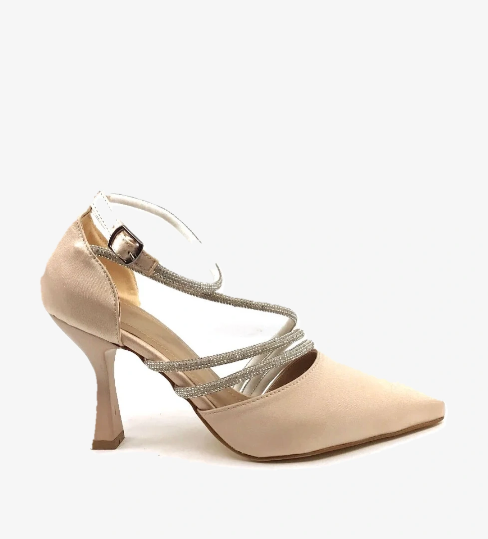 Sb 3338 9 Cm Ten Saten Taşlı Karnıyarık Bayan Topuklu Ayakkabı - Görsel 1