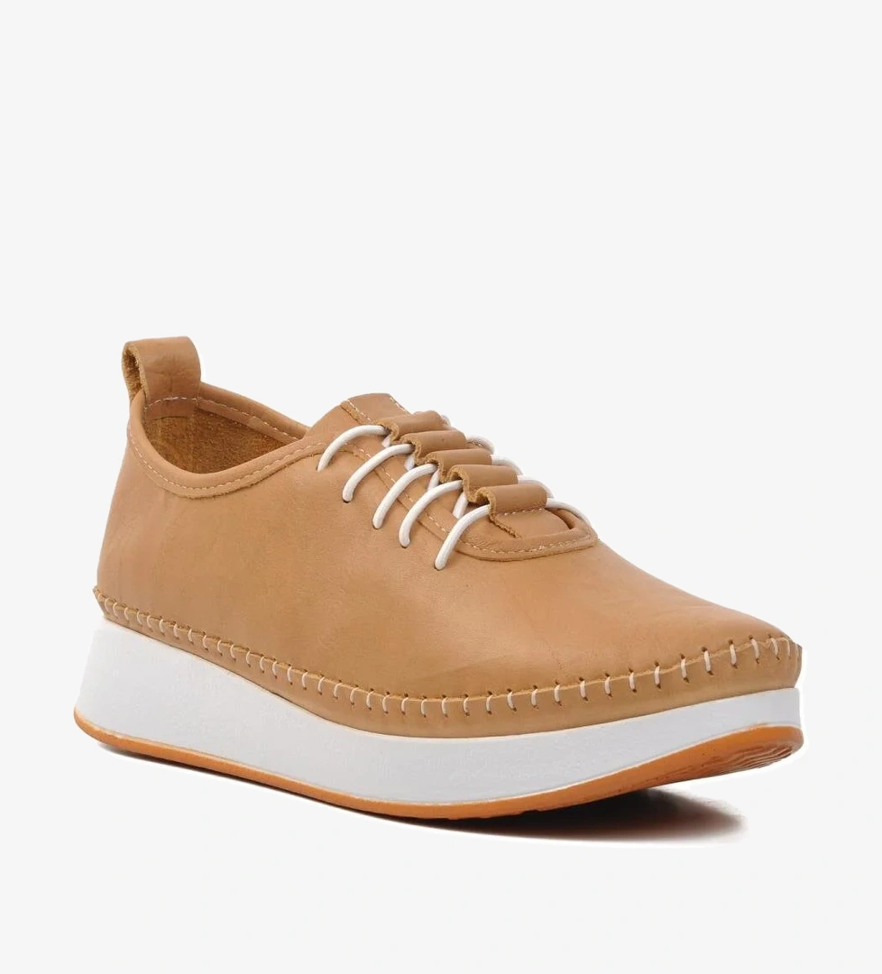 24077 Bej Hakiki Deri Kadın Günlük Ayakkabı