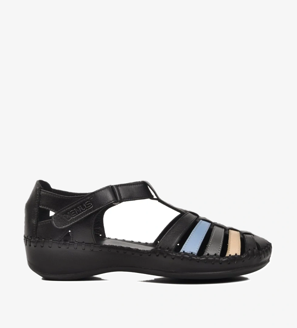 23033319Y Siyah Hakiki Deri Kadın Sandalet - Görsel 1