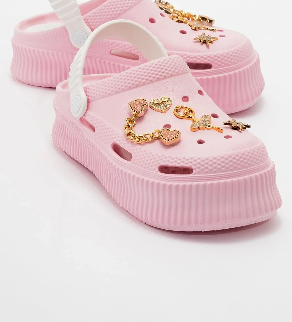 Kadın Charmlı Sabo Terlik BEYAZ PUDRA