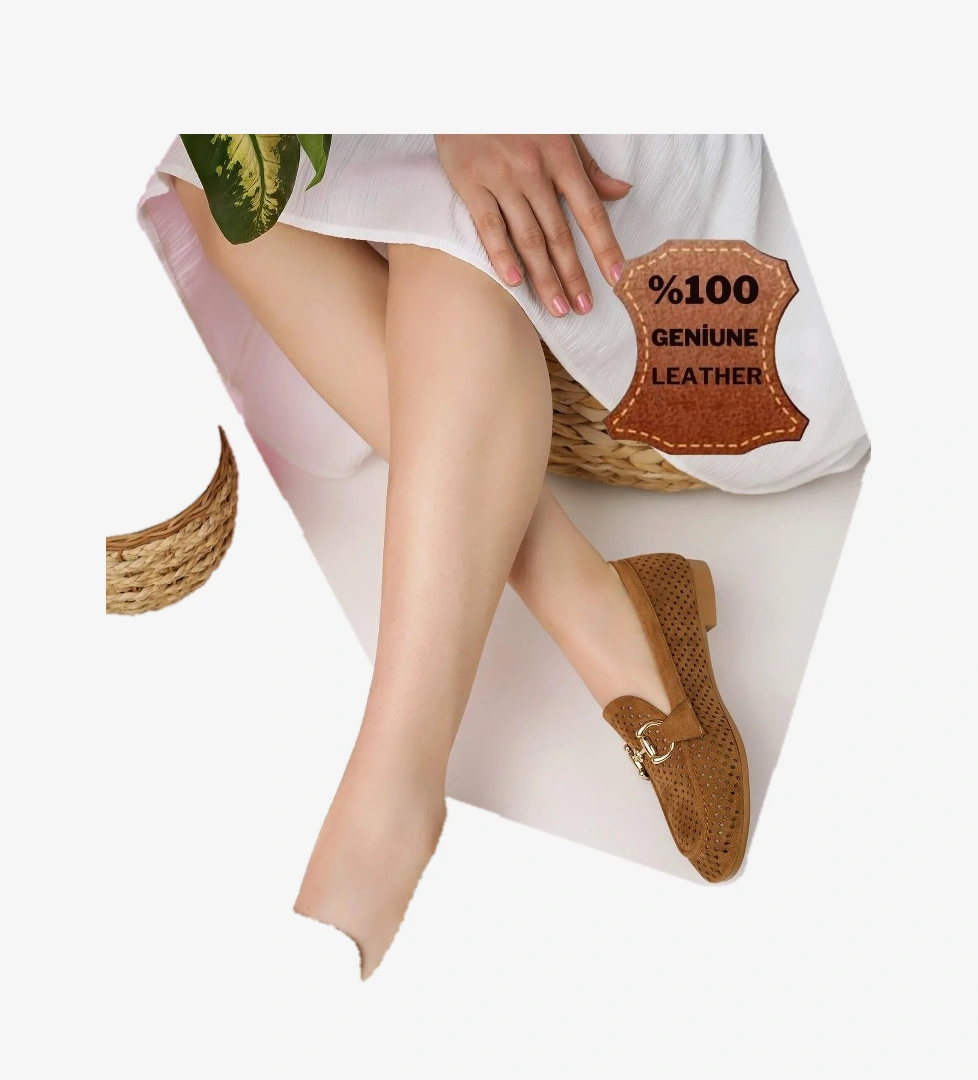 PHUKET Garantili Metal Tokalı Lazerli Nefes Alabilen Deri Kadın Loafer Günlük Ayakkabı - Görsel 1