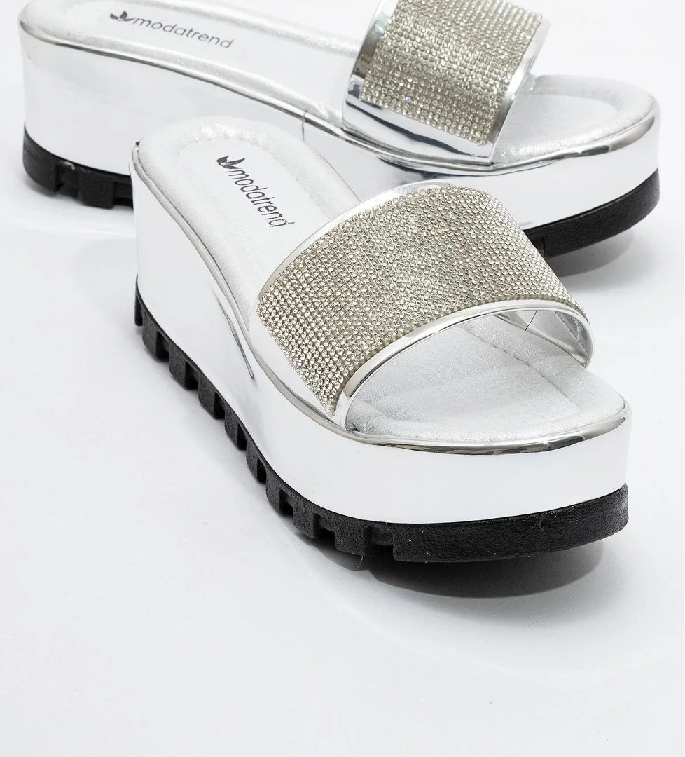 Kadın Dolgu Topuklu Taşlı Terlik GÜMÜŞ GÜMÜŞ - Görsel 1