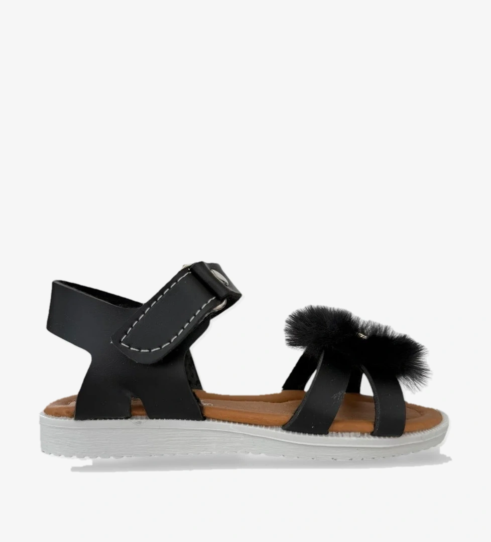 Cırtlı Peluş Fiyonklu Kız Çocuk Sandalet SİYAH