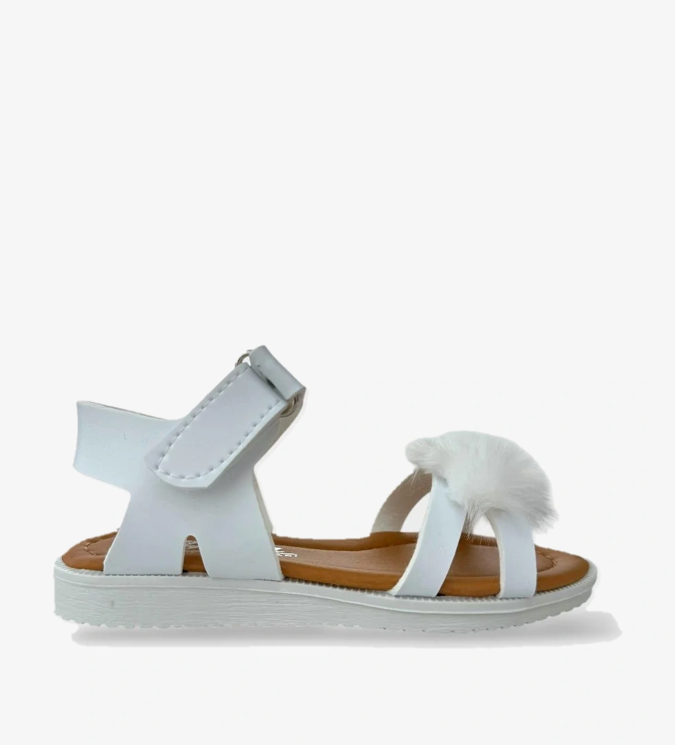 Cırtlı Peluş Fiyonklu Kız Çocuk Sandalet BEYAZ