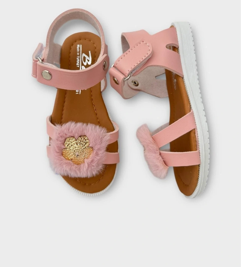 Cırtlı Peluş Fiyonklu Kız Çocuk Sandalet PUDRA - Görsel 1