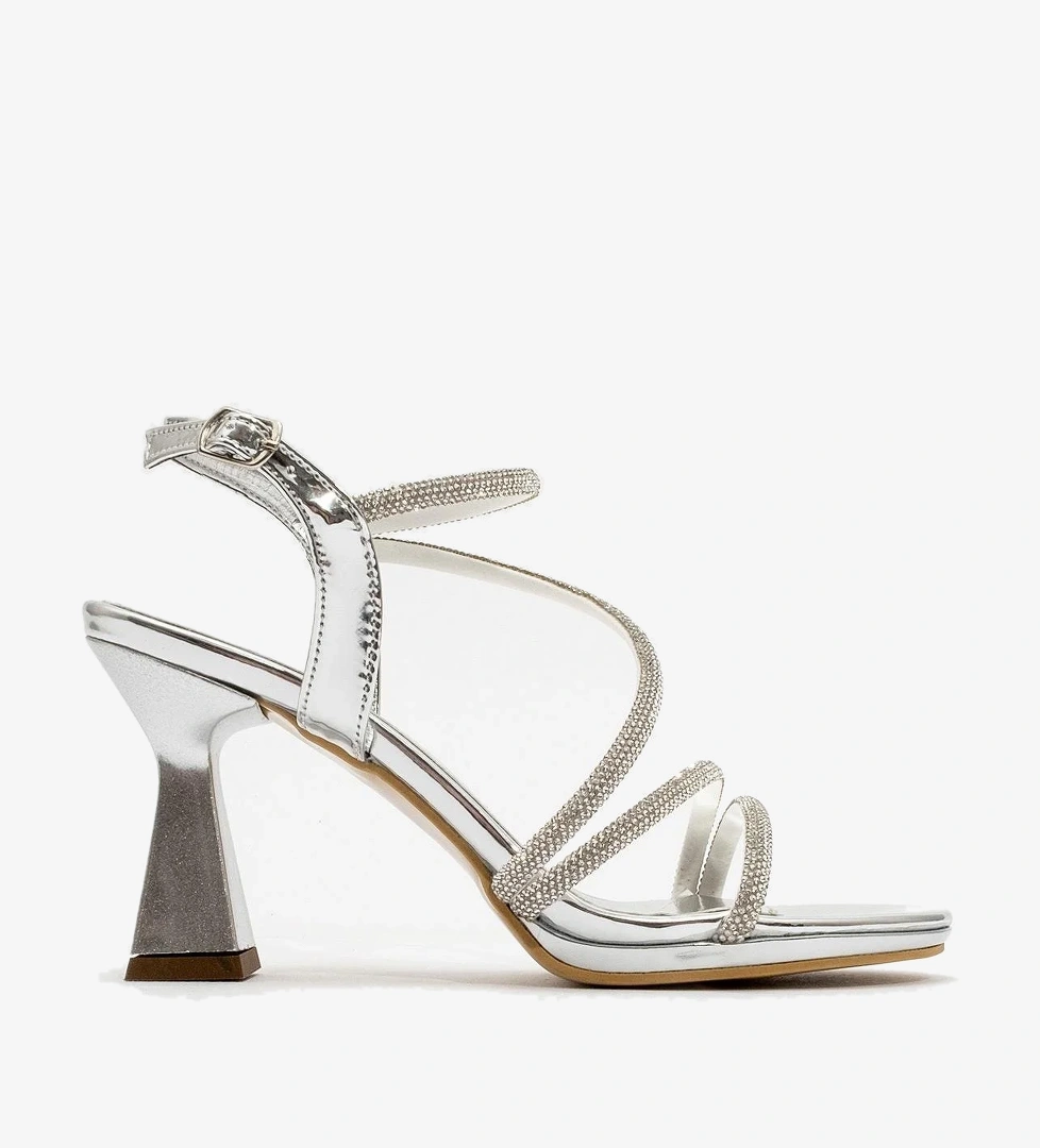 Çapraz Taşlı Kadın Topuklu Sandalet GÜMÜŞ AYNA