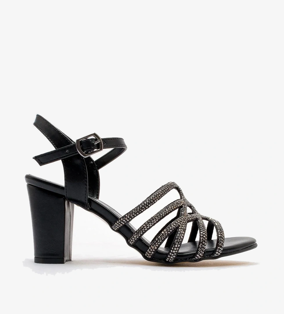 Kadın Taşlı Topuklu Sandalet SİYAH CİLT